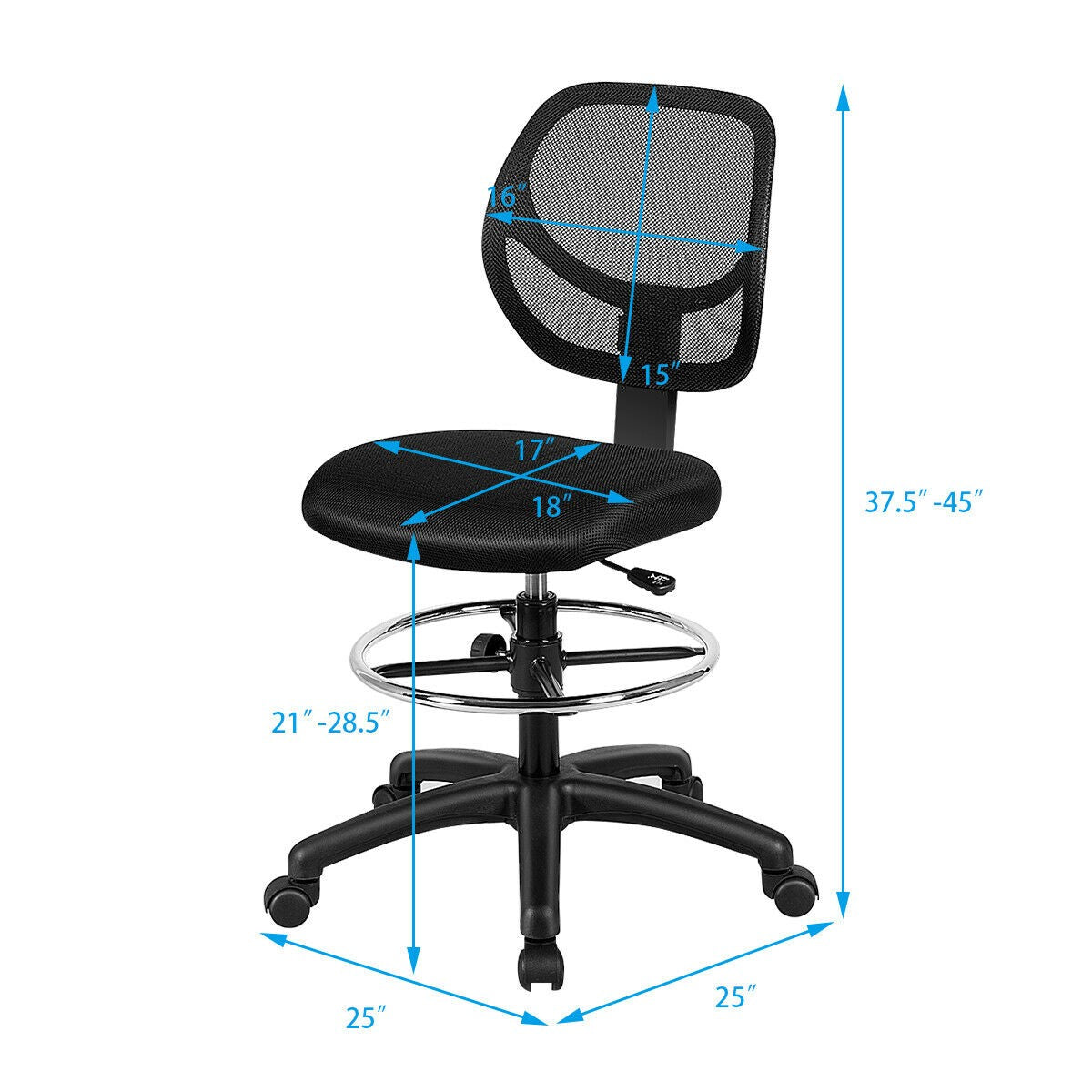 Mesh Drafting Chair, Standing Desk Chair w/Footrest Ring
