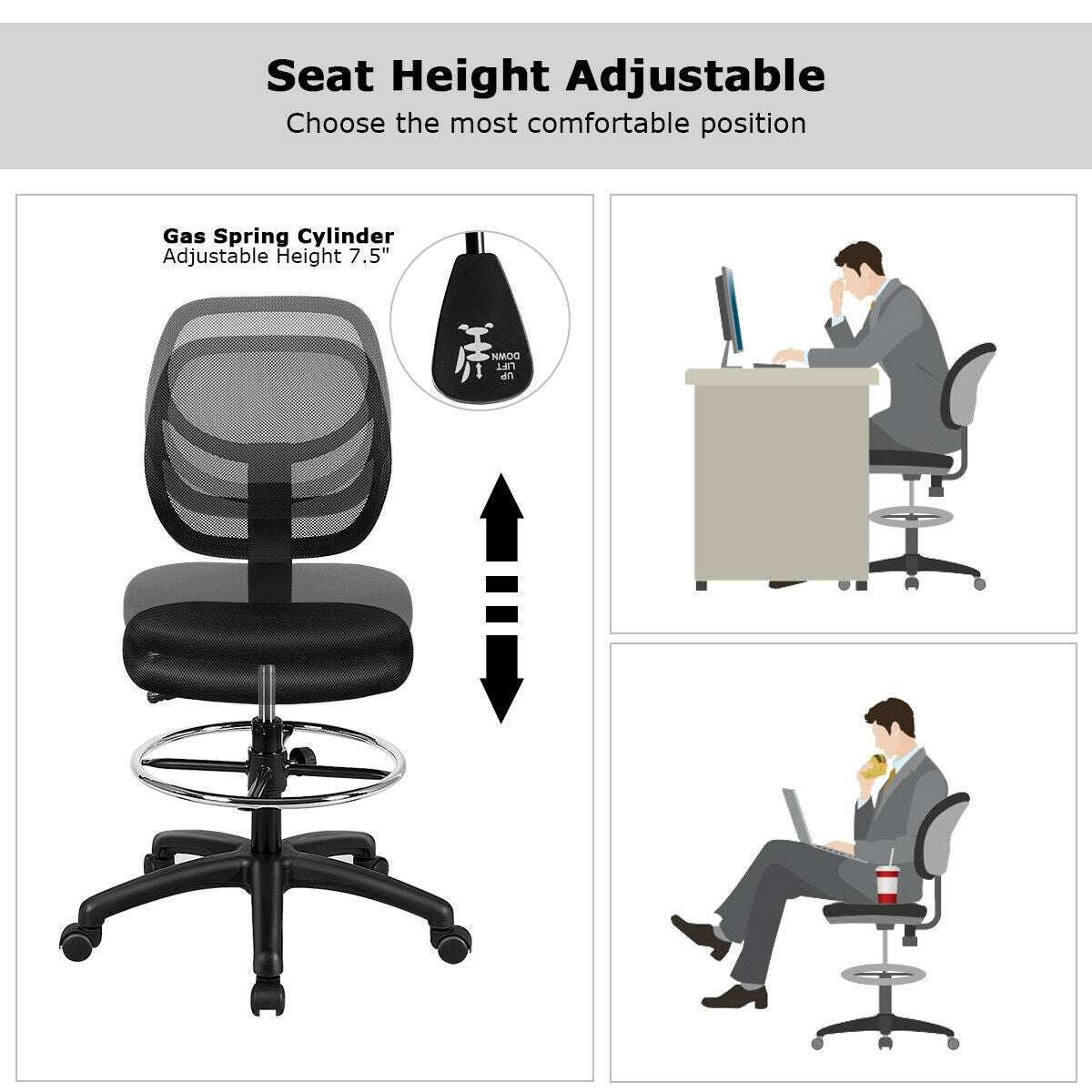 Mesh Drafting Chair, Standing Desk Chair w/Footrest Ring