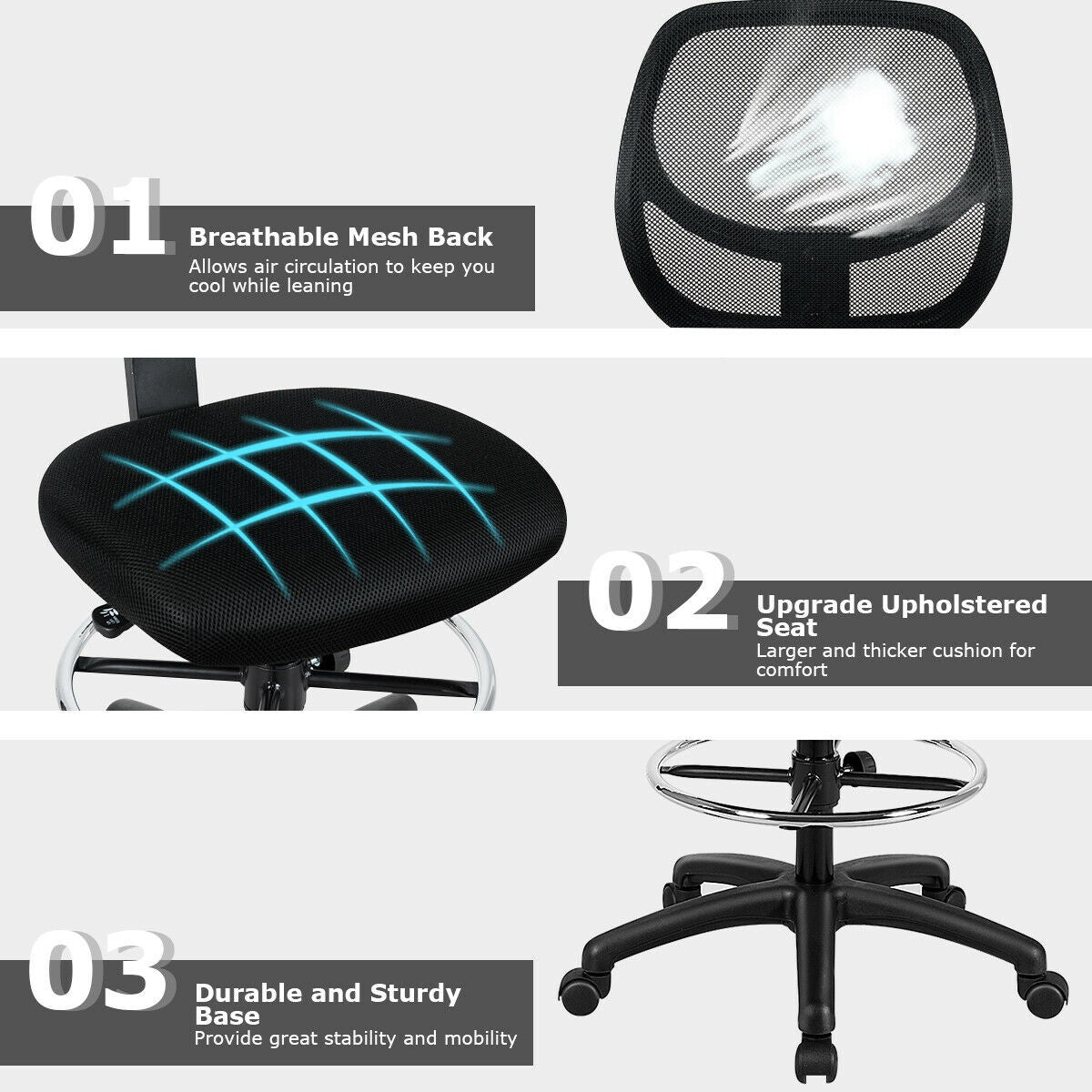Mesh Drafting Chair, Standing Desk Chair w/Footrest Ring