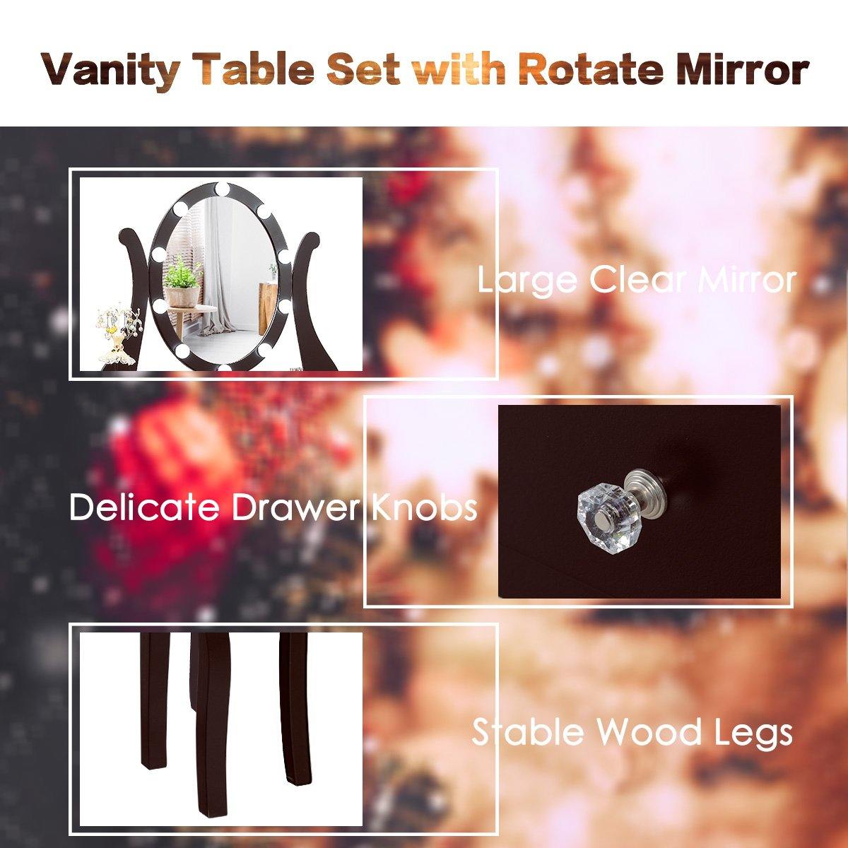 CHARMAID | Vanity Table Set with Lighted Mirror, Makeup Dressing Table with 10 LED Lights, Touch Switch, 5 Drawers - Giantexus